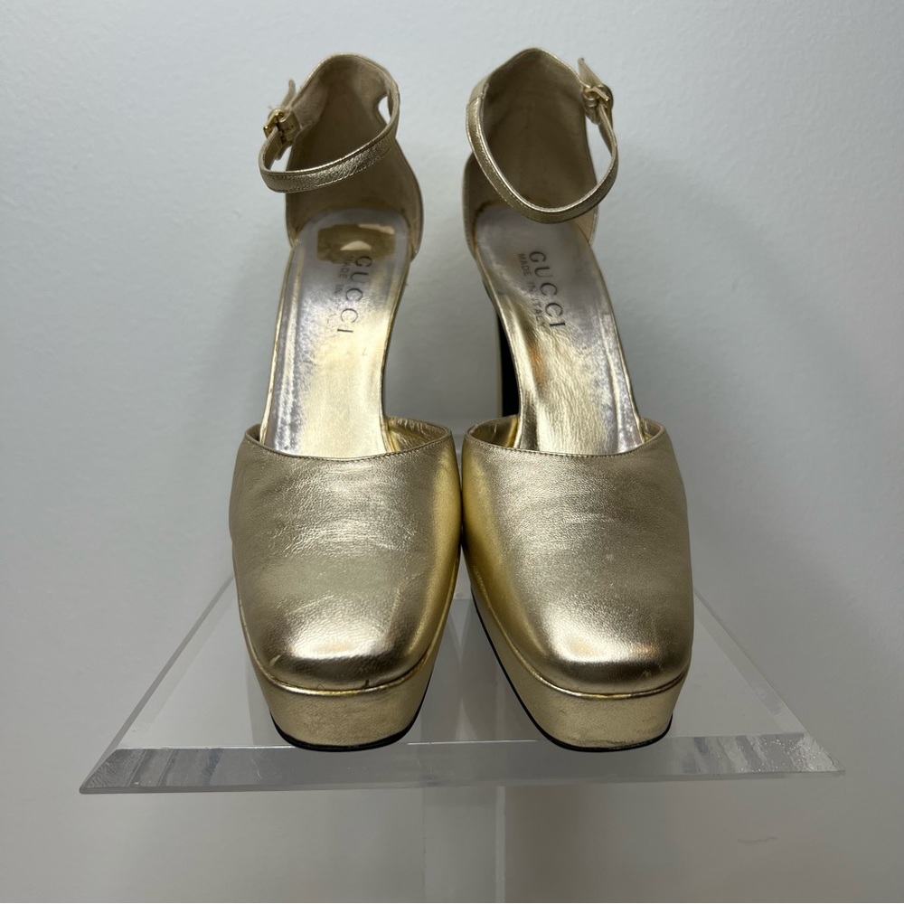 Gucci Metallic Gold Platform Ankle-Strap Pumps - Picture 7 of 16